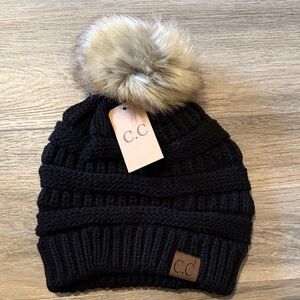 C.C Kids Black Beanie with Faux Fur Pom